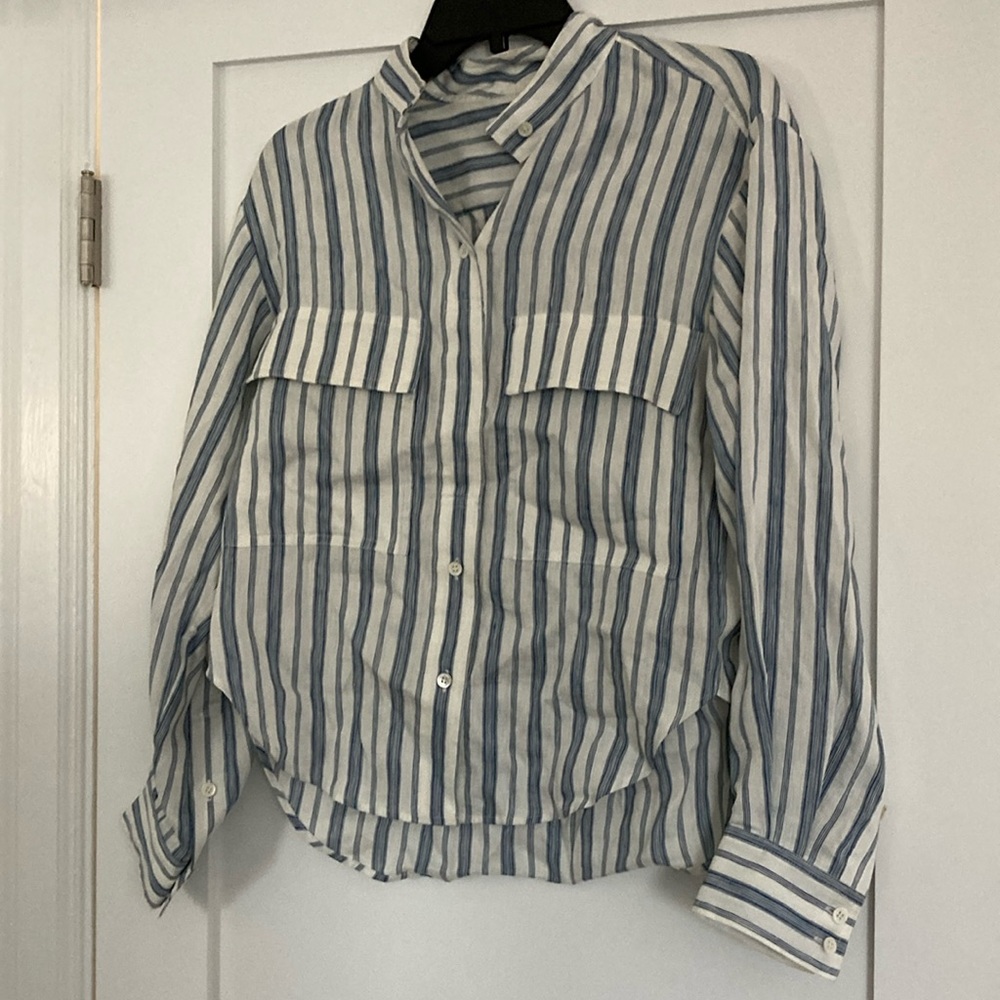 Frame Denim white + blue striped high collared long sleeve oversized blouse